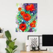 Levendige rode klaprozen expressief olieverfschild poster (Thuiskantoor)