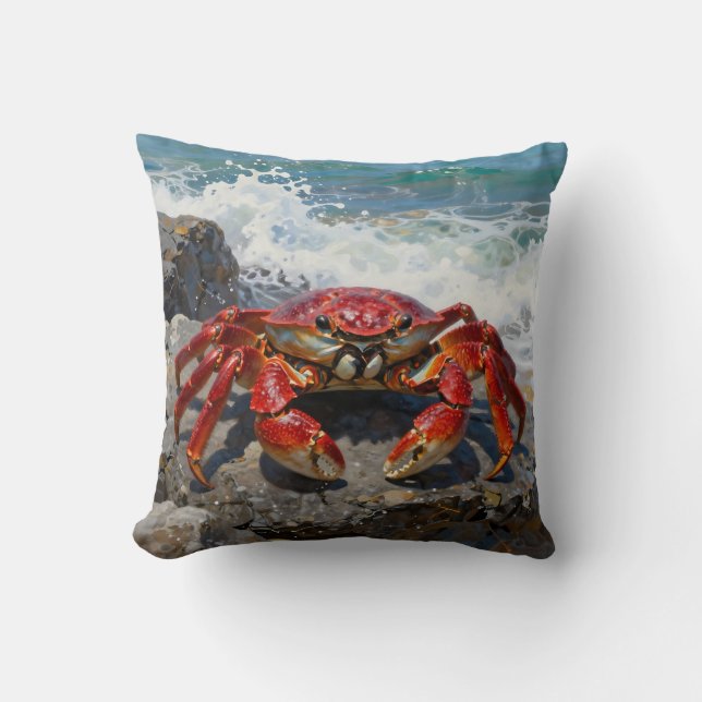 Levendige Rode Krab Oceaan Golven Kussen (Voorkant)
