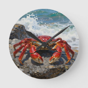 Levendige Rode Krab Oceaan Golven Ronde Klok