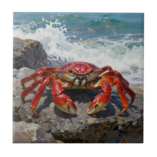 Levendige Rode Krab Oceaan Golven Tegeltje (Voorkant)