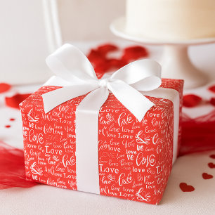 Levendige Rode Liefde Witte Script Valentijnsdag Cadeaupapier