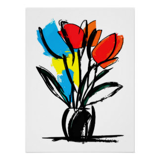 Levendige Rode Oranje Tulpen Krachtige Zwarte Lijn Perfect Poster