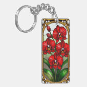 Levendige rode orchideeën in sierlijk gouden Lijst Sleutelhanger (Voorkant Links)