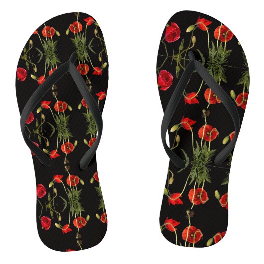 Levendige rode papavers op zwart teenslippers (Voetbed)