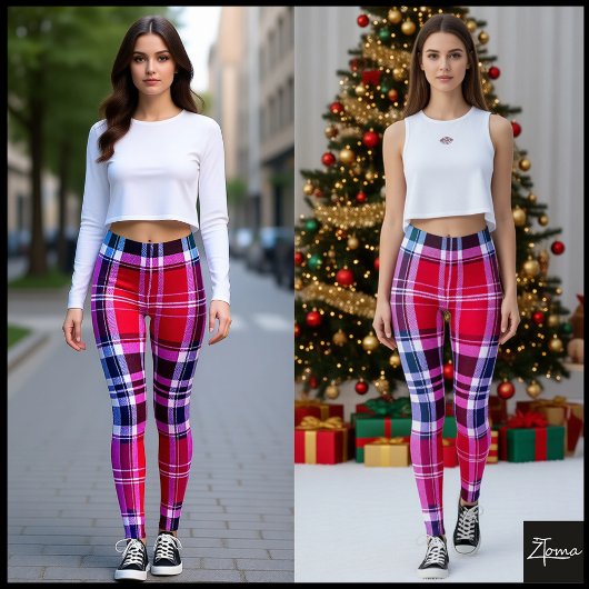 Levendige Rode Roze Aqua Moderne Plaid Leggings