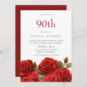 Levendige rode rozen 90ste verjaardagsfeestje kaart (Voorkant / Achterkant)