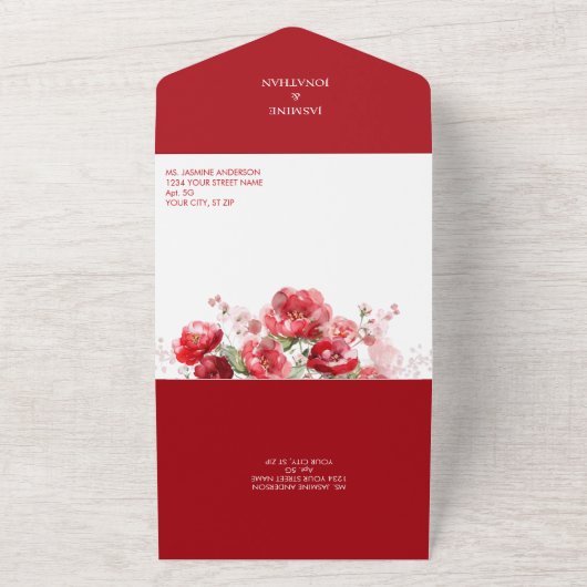 Levendige rode rozen bruiloft all in one uitnodiging (Buitenkant)