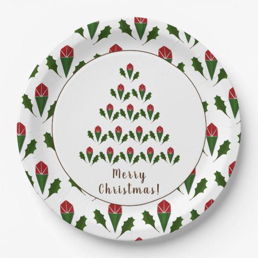 Levendige rode rozen, Holly Christmas Tree Holiday Papieren Bordje (Voorkant)