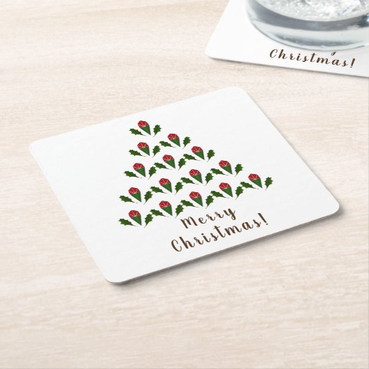 Levendige rode rozen, Holly Christmas Tree & Wish Kartonnen Onderzetters (Schuin)