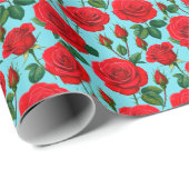 Levendige rode rozen op een lichtblauwe achtergron cadeaupapier (Rol Hoek)