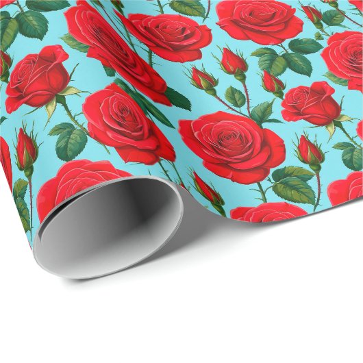 Levendige rode rozen op een lichtblauwe achtergron cadeaupapier (Rol Hoek)
