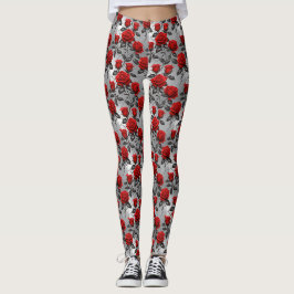 Levendige rode rozen op een metalen zilveren achte leggings