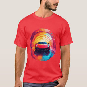 Levendige rode sportauto in een dynamisch spiraalo t-shirt