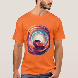Levendige rode sportwagen in een dynamisch spiraal t-shirt