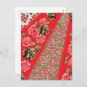 Levendige rode stof met ingewikkelde bloem- en  feestdagenkaart (Voorkant / Achterkant)
