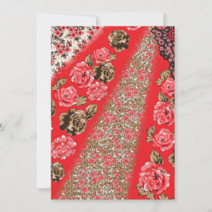 Levendige rode stof met ingewikkelde bloemen en aankondiging