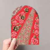 Levendige rode stof met ingewikkelde bloemen en acryl uitnodigingen (Insitu (Draagbaar))