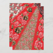 Levendige rode stof met ingewikkelde bloemen en bedankkaart (Voorkant / Achterkant)