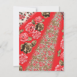 Levendige rode stof met ingewikkelde bloemen en briefkaart