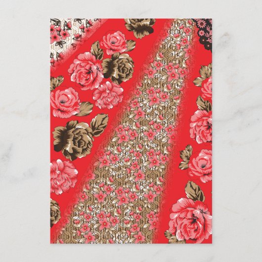 Levendige rode stof met ingewikkelde bloemen en informatiekaartje (Voorkant)