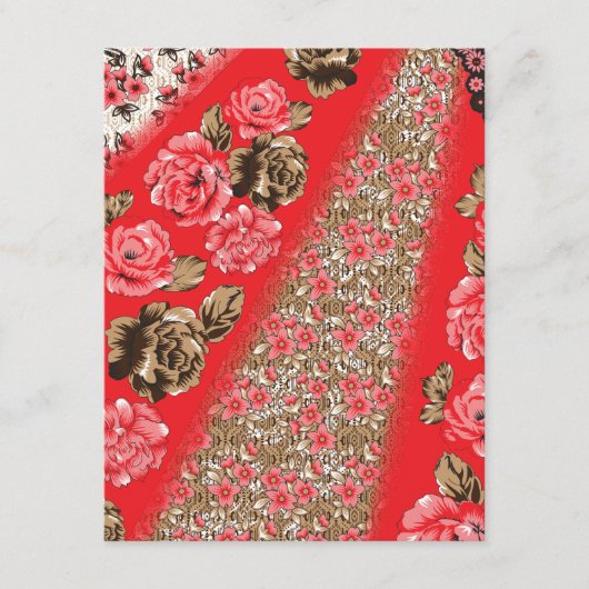 Levendige rode stof met ingewikkelde bloemen en informatiekaartje (Voorkant)