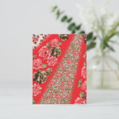 Levendige rode stof met ingewikkelde bloemen en informatiekaartje (Staand voorkant)