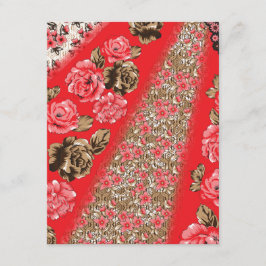 Levendige rode stof met ingewikkelde bloemen en informatiekaartje