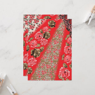 Levendige rode stof met ingewikkelde bloemen en kaart