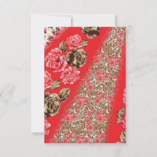 Levendige rode stof met ingewikkelde bloemen en kaart