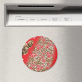 Levendige rode stof met ingewikkelde bloemen en magneet (Insitu (Vaatwasser))