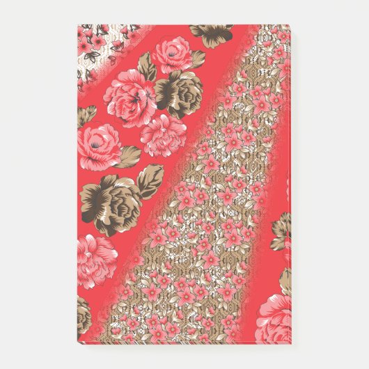 Levendige rode stof met ingewikkelde bloemen en post-it® notes (Voorkant)