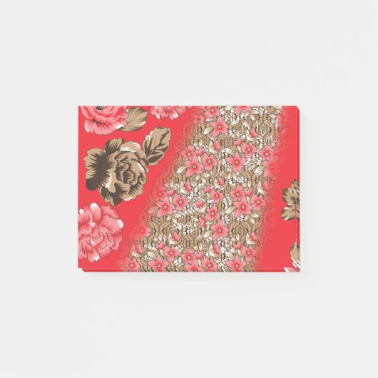 Levendige rode stof met ingewikkelde bloemen en post-it® notes (Voorkant)
