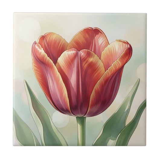 Levendige rode tulp bloemkunst tegeltje (Voorkant)