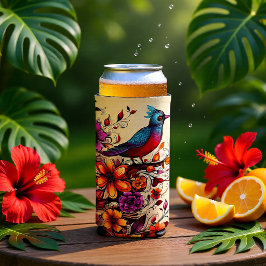 Levendige rode vogel & wilde bloem botanische natu seltzer blikjeskoeler