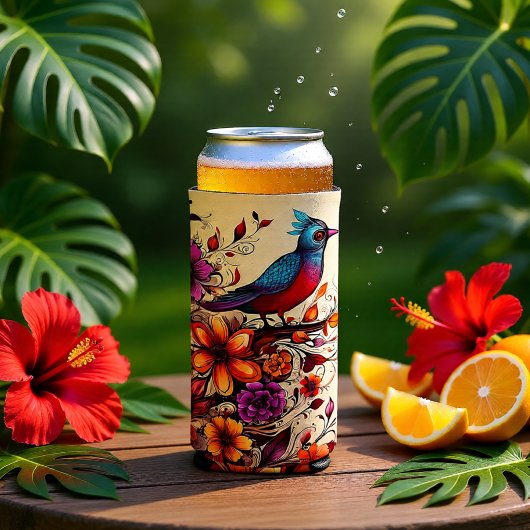 Levendige rode vogel & wilde bloem botanische natu seltzer blikjeskoeler