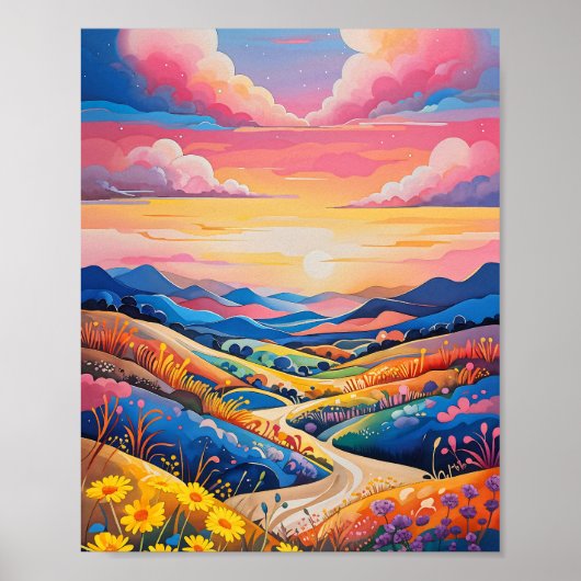 Levendige Rolling Hills Zonnebloem Art Painting Poster (Voorkant)