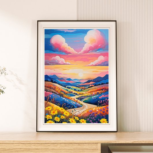 Levendige Rolling Hills Zonnebloem Art Painting Poster