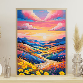 Levendige Rolling Hills Zonnebloem Art Painting Poster