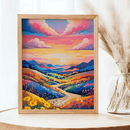 Levendige Rolling Hills Zonnebloem Art Painting Poster