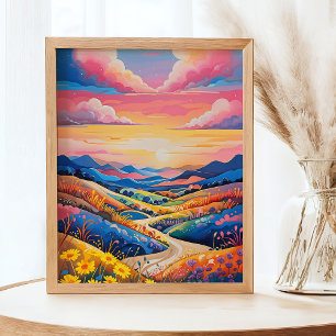 Levendige Rolling Hills Zonnebloem Art Painting Poster