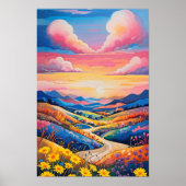 Levendige Rolling Hills Zonnebloem Art Painting Poster (Voorkant)