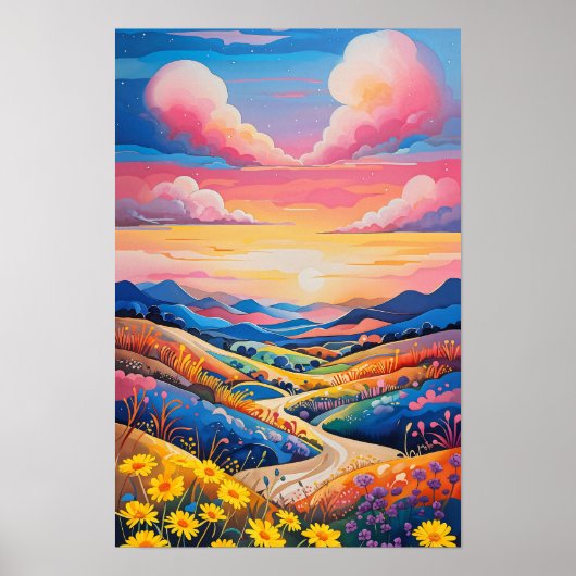 Levendige Rolling Hills Zonnebloem Art Painting Poster (Voorkant)