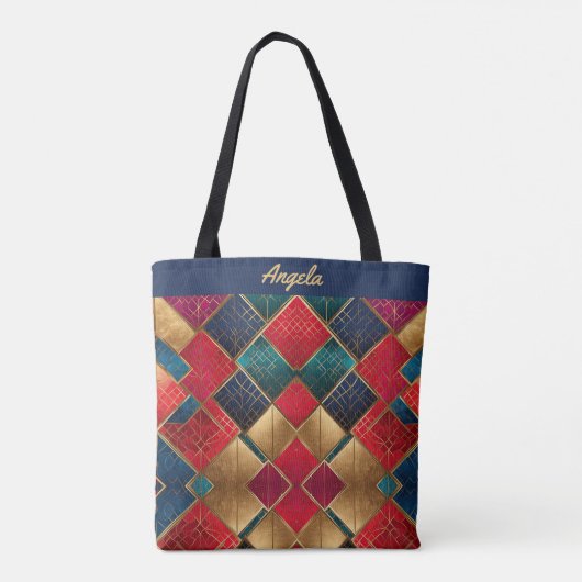 Levendige rood en goud gestructureerde geometrisch tote bag (Achterkant)
