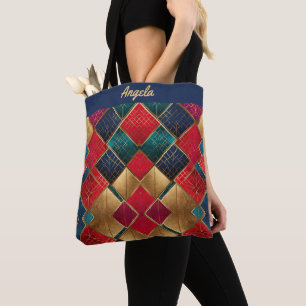 Levendige rood en goud gestructureerde geometrisch tote bag