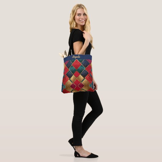 Levendige rood en goud gestructureerde geometrisch tote bag (Op model)