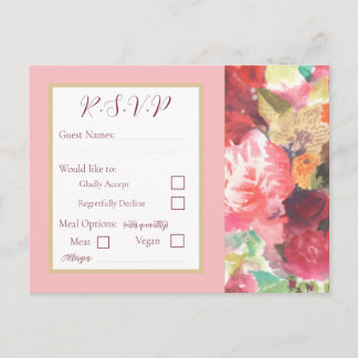Levendige rood en roze bloemrijke RSVP-ansichtkaar Uitnodiging Briefkaart