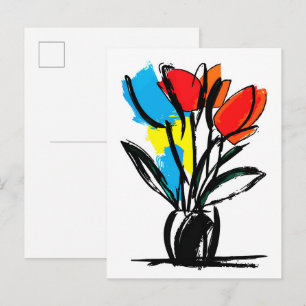 Levendige Rood Oranje Tulpen Krachtige Zwarte Lijn Briefkaart