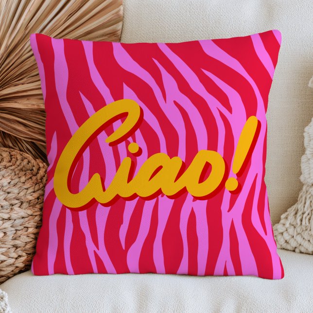 Levendige rood & roze zebraprint patroon Ciao!  Kussen (Creator heeft geüpload)
