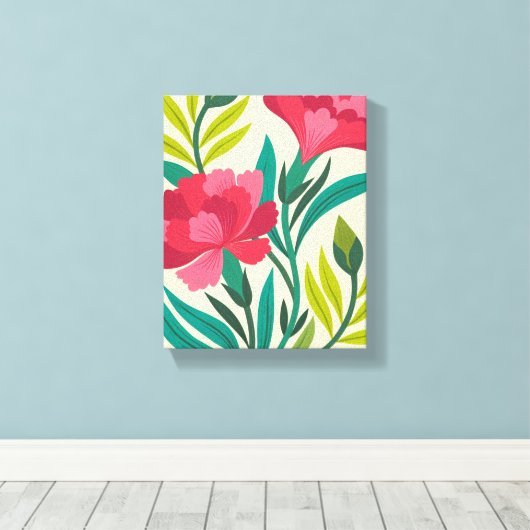 Levendige roze anjers en gebladerte kunst canvas afdruk (Insitu (Houten vloer))