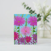 Levendige roze bloem tekening op blauw briefkaart (Staand voorkant)